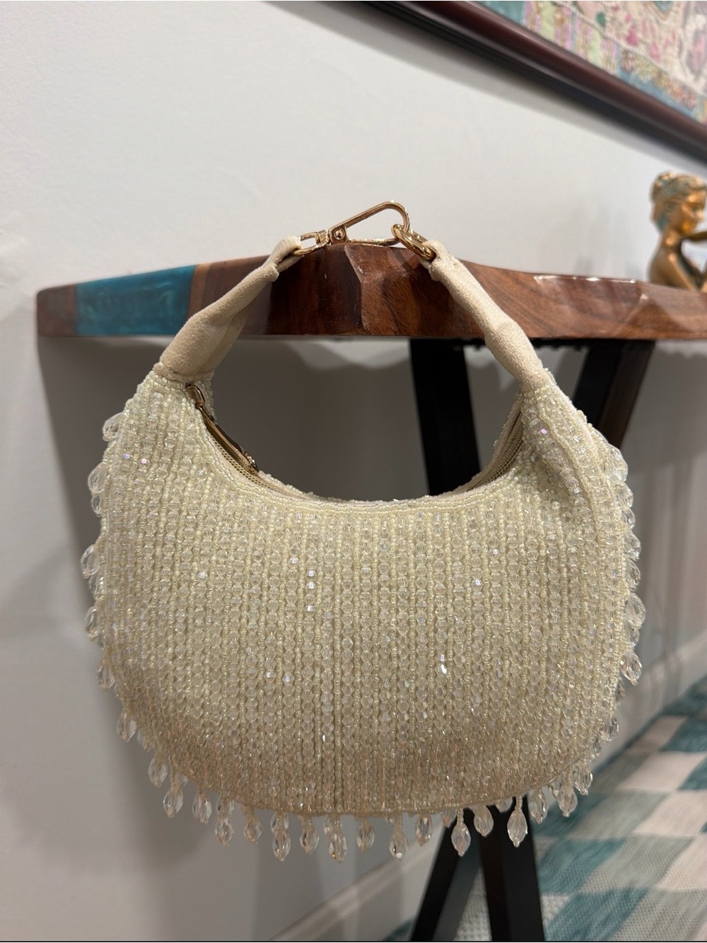 Ivory Beaded Crescent Shoulder Bag